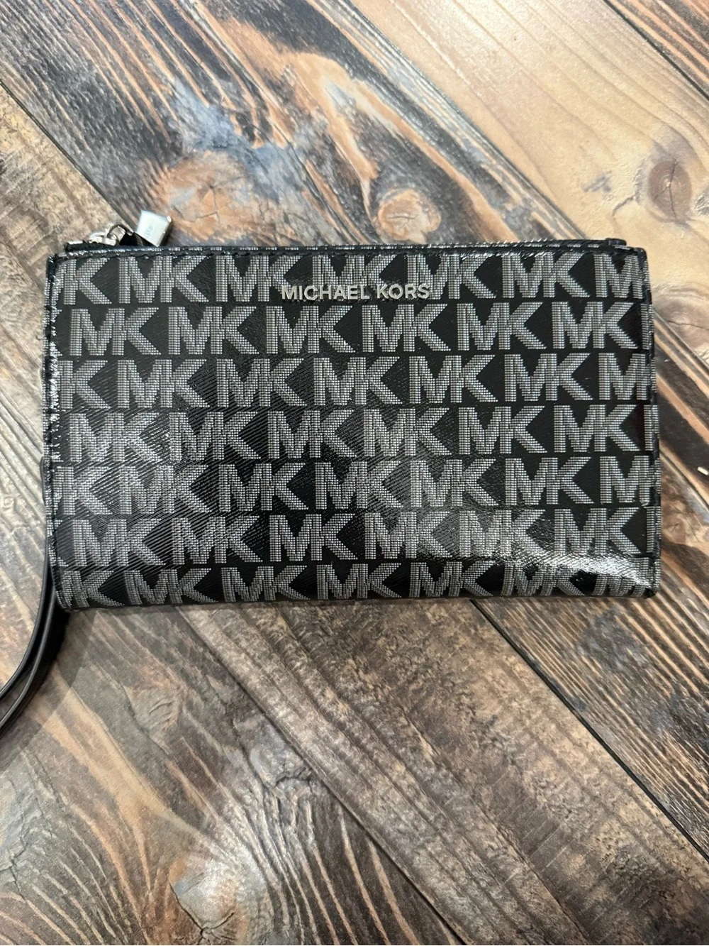 Michael Kors Black and Silver MK Logo Wristlet Wallet